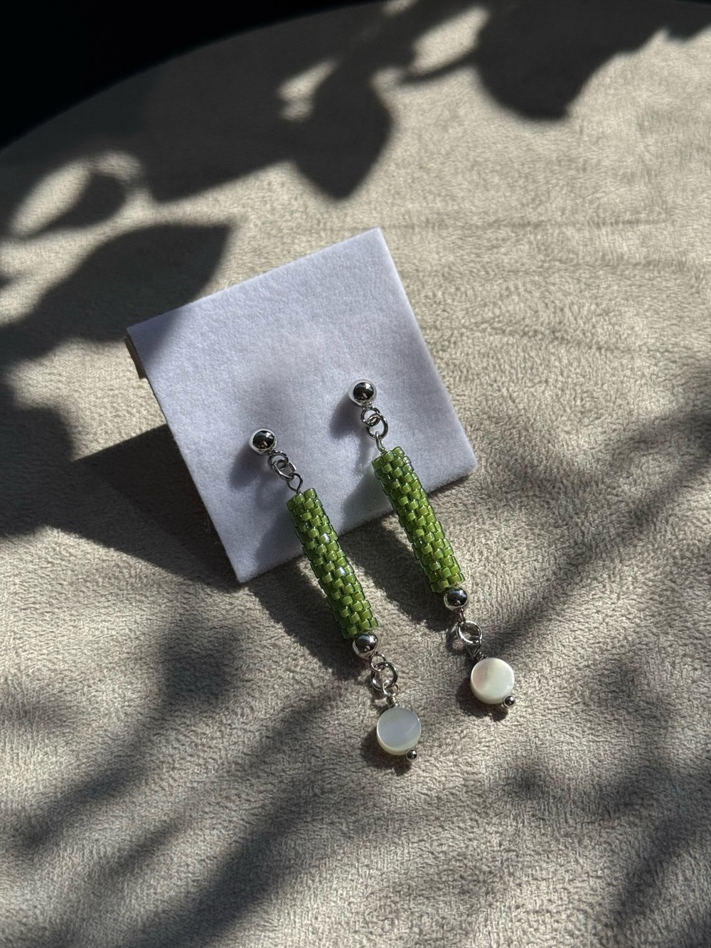 Handmade Green Miyuki Bead Drop Earrings with Mother-of-Pearl | Hypoallergenic
